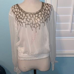 Sheer long sleeve beaded chiffon blouse